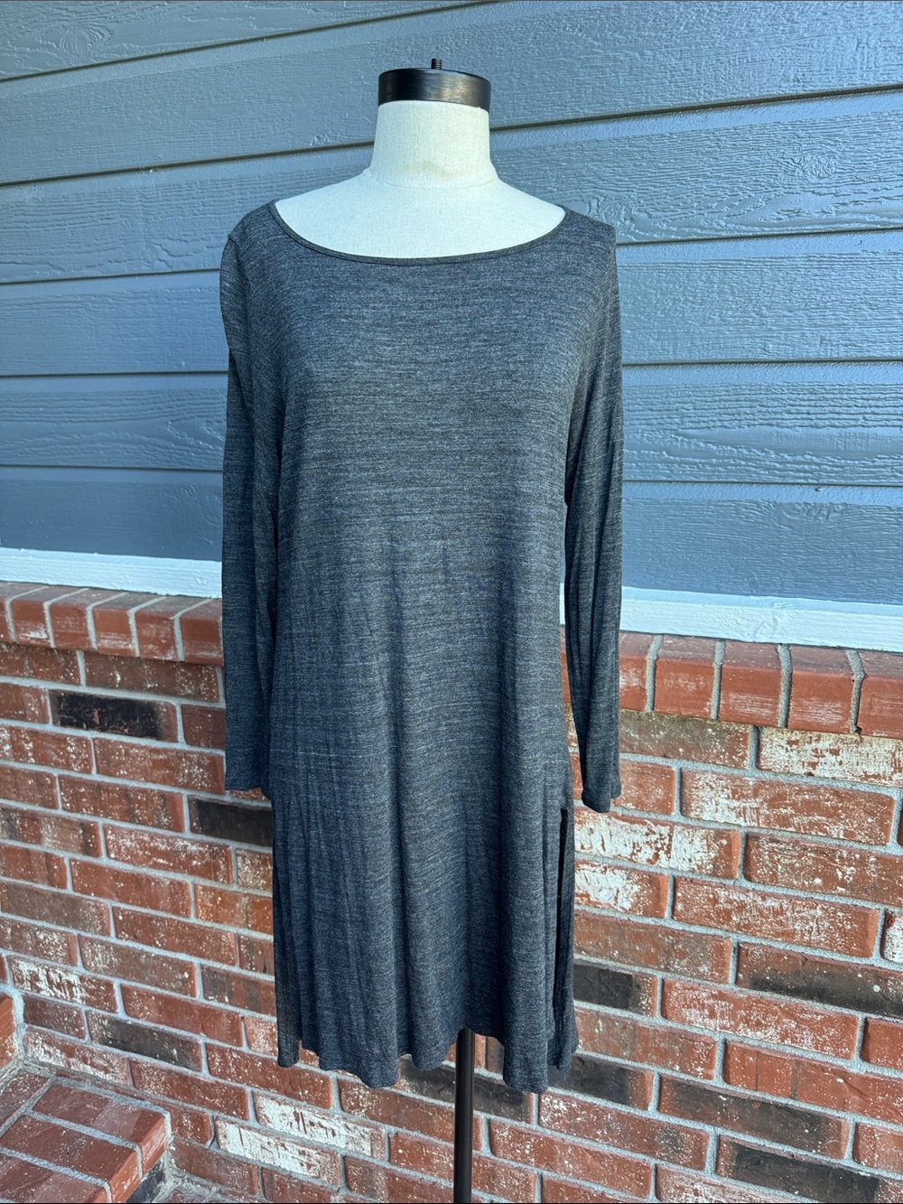 Eileen Fisher Gray Tencel Knit Long Sleeve Tunic Sweater High Side Slits Large L